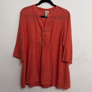 Matchpoint Women’s  Coral Linen Tunic Top 1/2 Button V Neck Peasant Lagenlook L